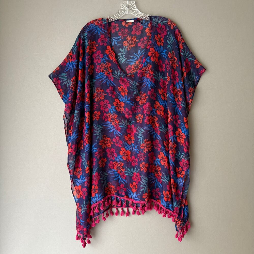 Boho Beachy Tropical Floral Tassel Trim Coverup OS Purple